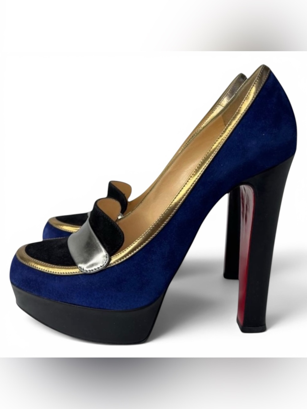 Christian Louboutin Trotitella 140 Blue Suede Metallic Platform Pumps Red Sole - Picture 3 of 10